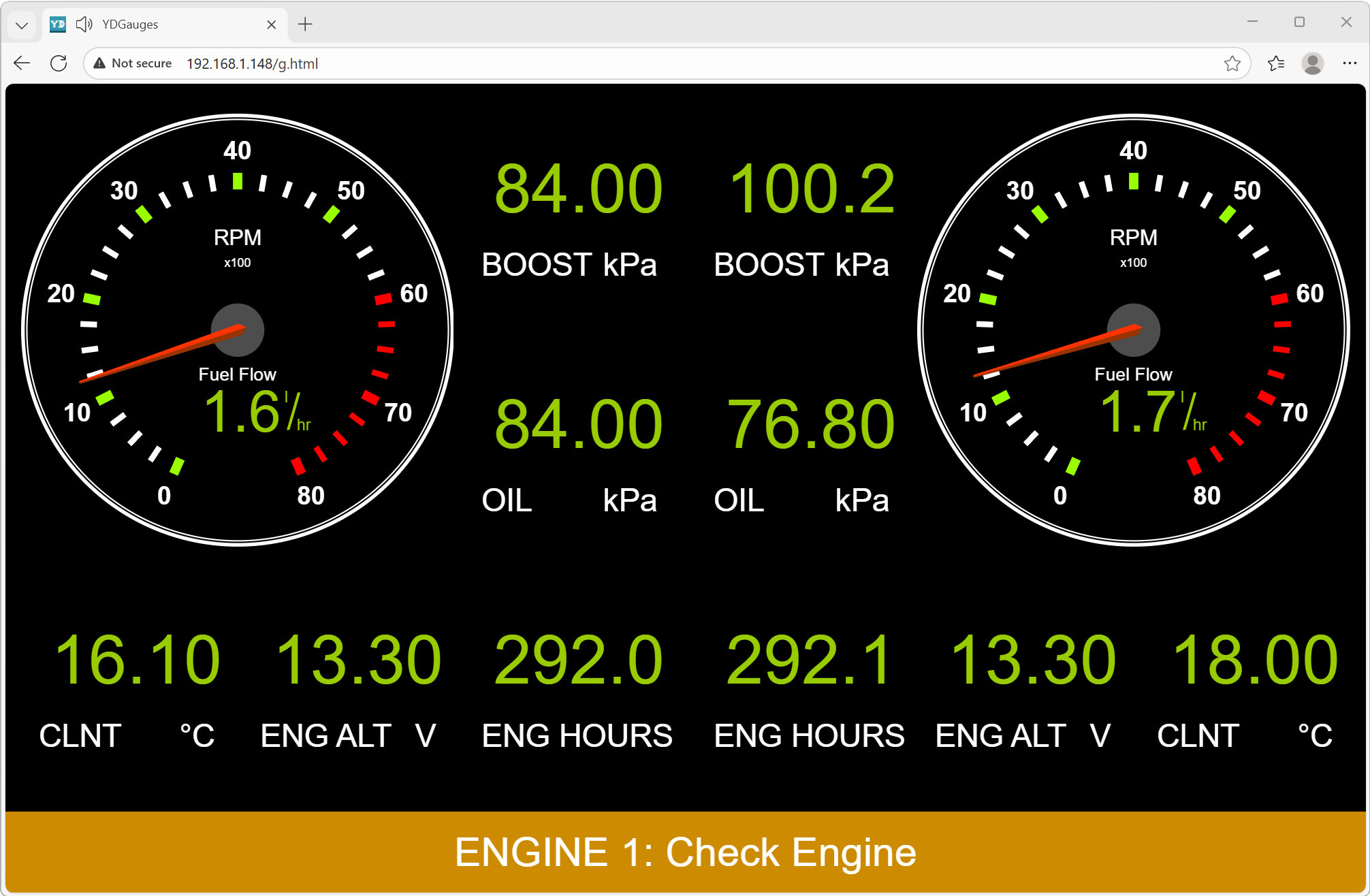 Web Gauges: сигналы тревоги двигателя и перенос настроек