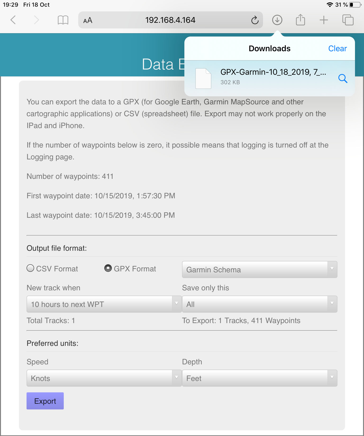 Экспорт данных из Router с помощью iPad (iOS 13)