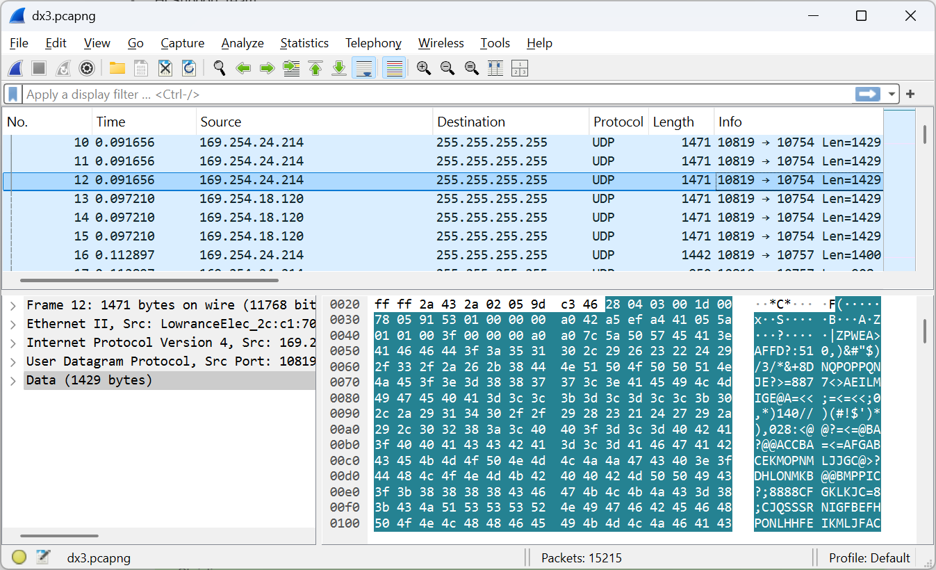 WireShark подключён к сети Lowrance