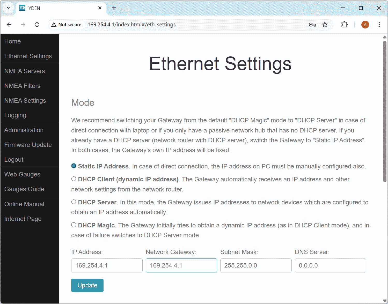 Сетевые настройки Ethernet Gateway